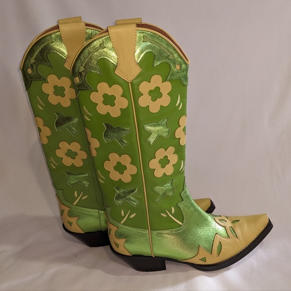 Looney-Hi Jeffrey Campbell Green Floral Western Boots Size 6 - Picture 2 of 12